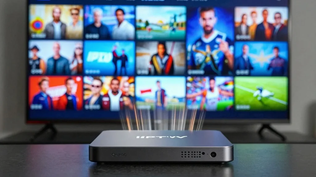 Modern IPTV boxes connected to a vibrant TV screen.